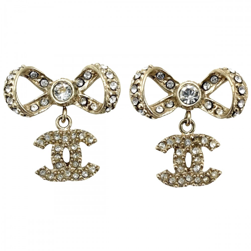 CHANEL シャネル ピアス リボン ココマーク アクセサリー スイング GP ラインストーン B14P ゴールド レディース 約5.7g 2014年【中古品】