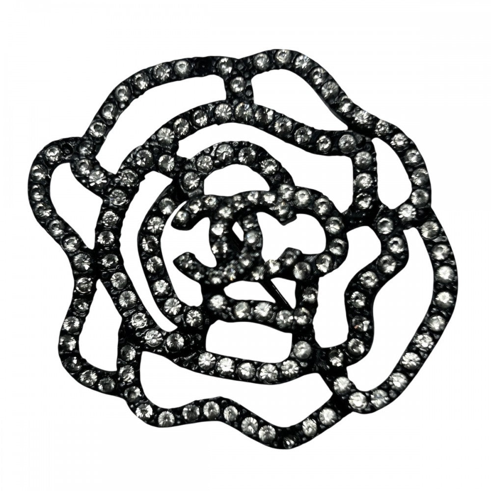 CHANEL シャネル ブローチ ローズ ココマーク アクセサリー ココ ヴィンテージ ラインストーン 00A ガンメタル レディース 約13.5g 2000年【中古品】