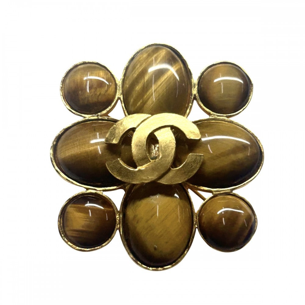【開店SALE】 CHANEL シャネル ブローチ ココマーク　 ココ アクセサリー タイガーアイ ヴィンテージ GP 95A ブラウン 茶 ゴールド金具 レディース 約38.3g 1995年【中古品】