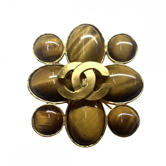 CHANEL シャネル ブローチ ココマーク　 ココ アクセサリー タイガーアイ ヴィンテージ GP 95A ブラウン 茶 ゴールド金具 レディース 約38.3g 1995年【中古品】