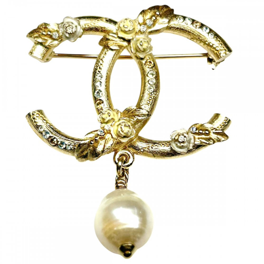 【開店SALE】 CHANEL シャネル ブローチ ココマーク　ココ アクセサリー フラワー GP ラインストーン フェイクパール 13C ゴールド レディース 約12.1g 2013年【中古品】