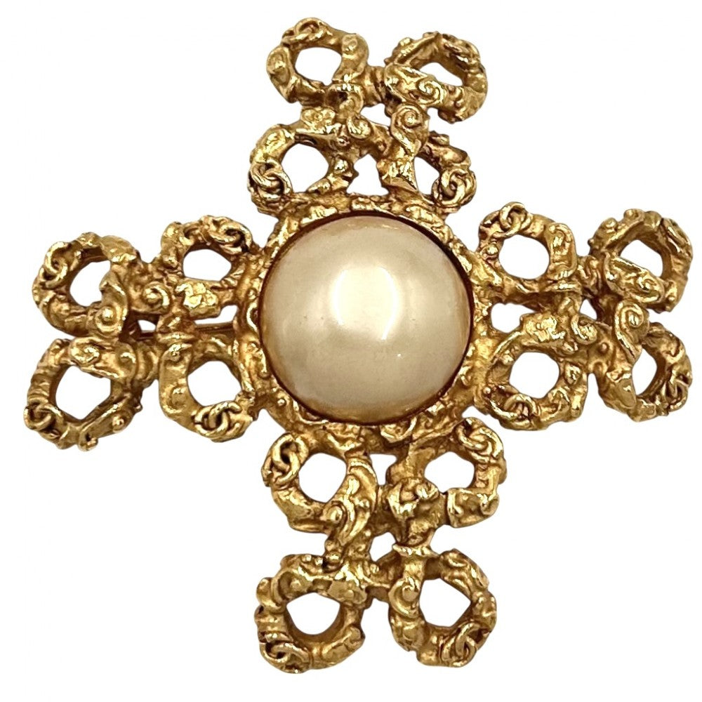 【開店SALE】 CHANEL シャネル ブローチ アクセサリー GP フェイクパール 03A ゴールド ホワイト 白 レディース 約26g 2003年【中古品】