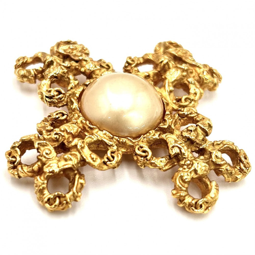 【開店SALE】 CHANEL シャネル ブローチ アクセサリー GP フェイクパール 03A ゴールド ホワイト 白 レディース 約26g 2003年【中古品】