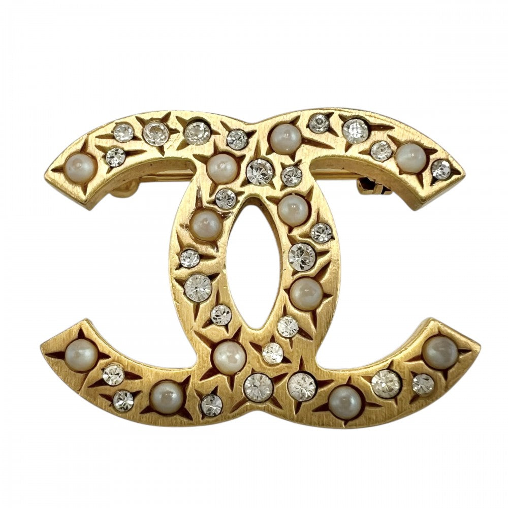 CHANEL シャネル ブローチ ココマーク アクセサリー GP ラインストーン フェイクパール 06A ゴールド レディース 約9.8g 2006年【中古品】