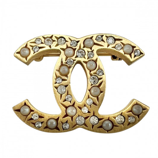 CHANEL シャネル ブローチ ココマーク アクセサリー GP ラインストーン フェイクパール 06A ゴールド レディース 約9.8g 2006年【中古品】