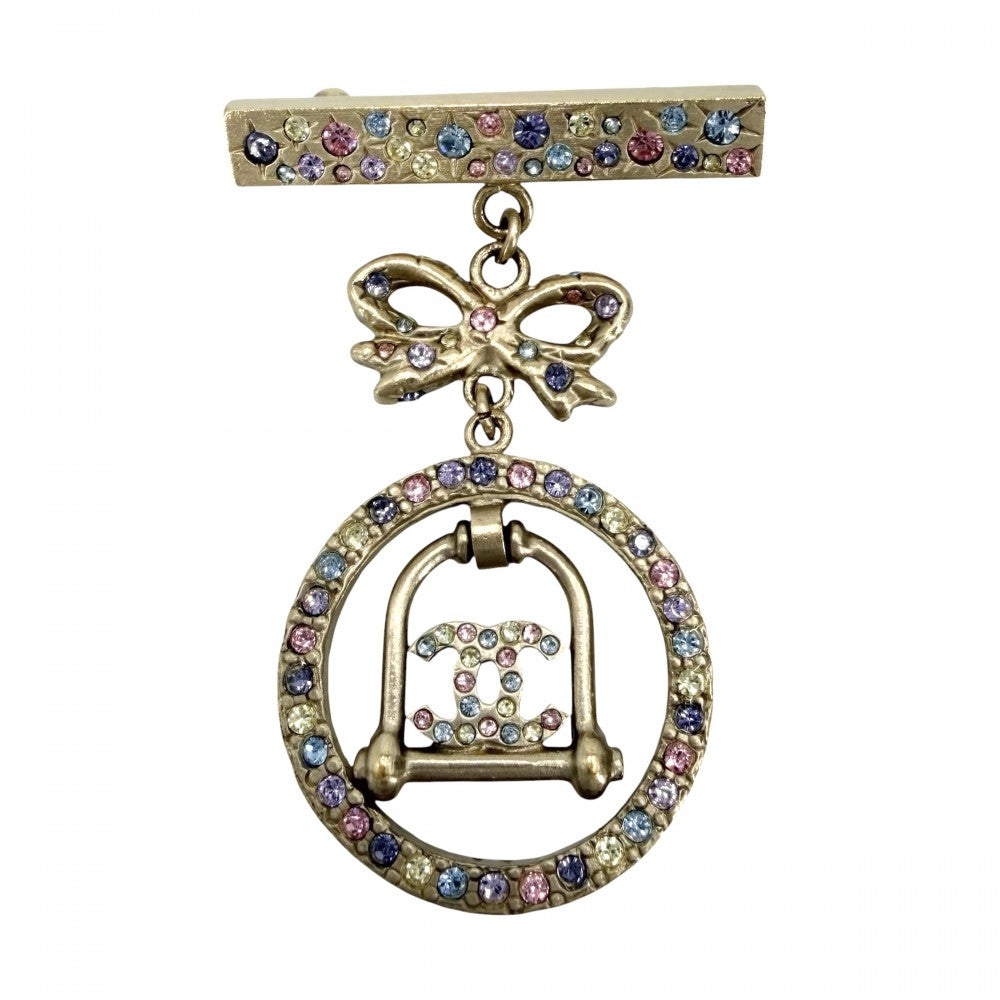 CHANEL シャネル ブローチ ココマーク リボン スイング アクセサリー ラインストーン GP 06A ゴールド マルチカラー レディース 約10.7g 2006年【中古品】