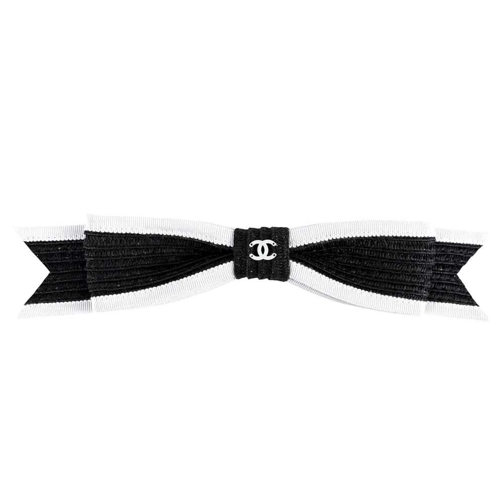 CHANEL シャネル ヘアアクセサリー リボン バレッタ 髪飾り ココマーク ファッションアイテム 22P ブラック 黒 ホワイト 白 シルバー金具 レディース 2022年【中古品】