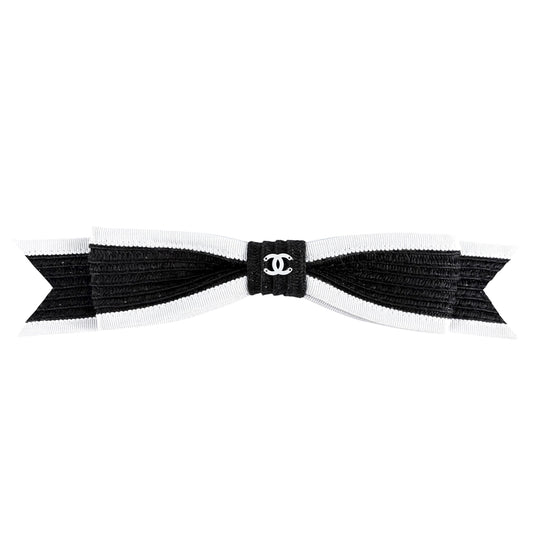 CHANEL シャネル ヘアアクセサリー リボン バレッタ 髪飾り ココマーク ファッションアイテム 22P ブラック 黒 ホワイト 白 シルバー金具 レディース 2022年【中古品】