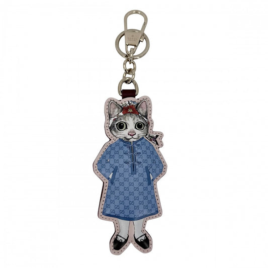 GUCCI グッチ キーリング ヒグチユウココラボ キーホルダー チャーム 猫 アクセサリー GGスプリーム 851743 レザー ブルー 青 ピンク ゴールド金具 レディース【中古品】