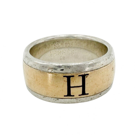 HERMES エルメス 指輪 Hロゴ リング アクセサリー ジュエリー Au750 18金YG 48サイズ コンビ K18イエローゴールド シルバー925 約8号 レディース 約7.8g【中古品】
