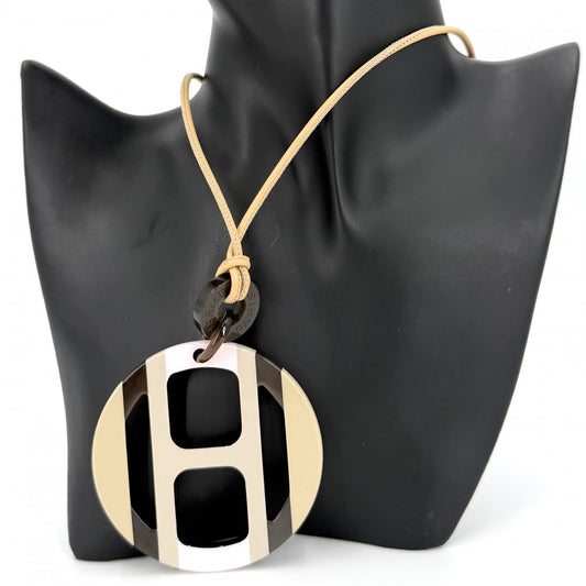 HERMES エルメス ネックレス Hエキップ ペンダント アクセサリー ホース ベージュ ピンク メンズ レディース バッファローホーン レザー シルバー金具 ユニセックス 約16.9g【中古品】