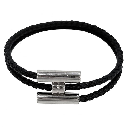 HERMES エルメス ブレスレット レザーブレスレット トゥルニ　トレッセ コードブレスレット アクセサリー レザー ブラック 黒 シルバー金具 レディース 約11.1g【中古品】