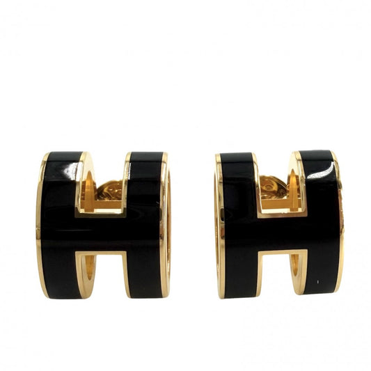 HERMES エルメス ピアス ポップアッシュ H アクセサリー ブラック 黒 ゴールド レディース 約5.1g【中古品】