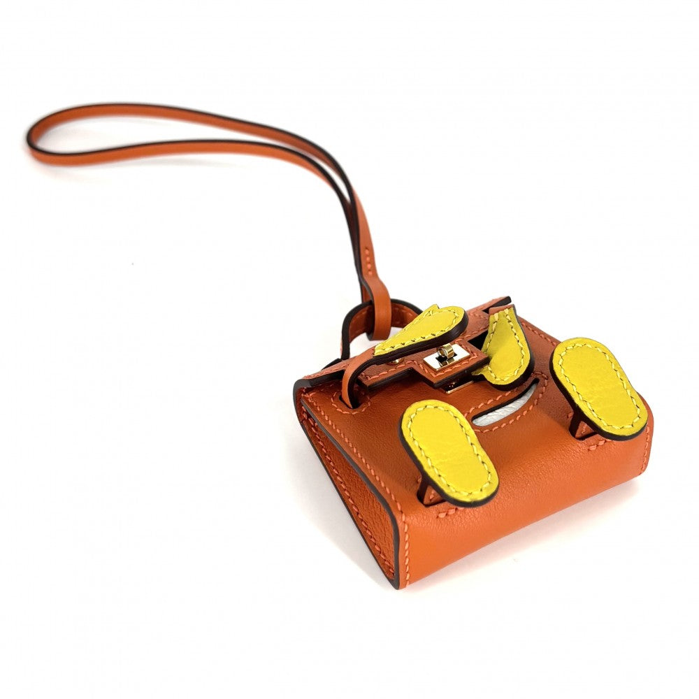【開店SALE】 HERMES エルメス キーホルダー ビジュードサック ケリードール バッグチャーム 革 U刻印 レザー オレンジ イエロー ゴールド金具 レディース 2022年【中古品】
