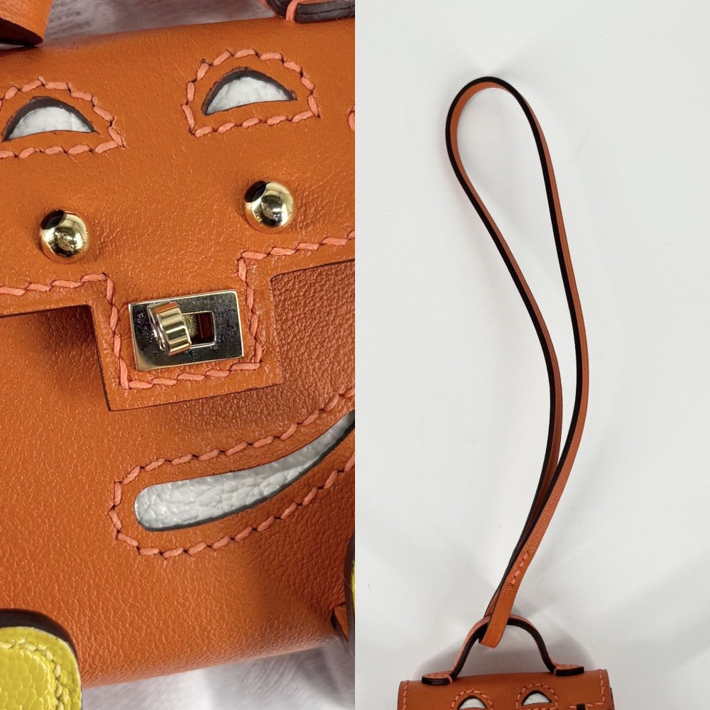 【開店SALE】 HERMES エルメス キーホルダー ビジュードサック ケリードール バッグチャーム 革 U刻印 レザー オレンジ イエロー ゴールド金具 レディース 2022年【中古品】