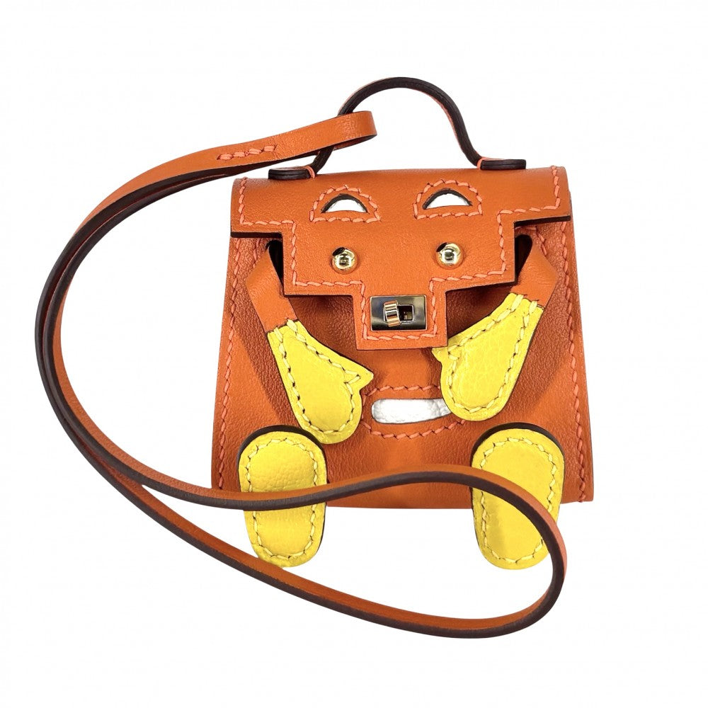 【開店SALE】 HERMES エルメス キーホルダー ビジュードサック ケリードール バッグチャーム 革 U刻印 レザー オレンジ イエロー ゴールド金具 レディース 2022年【中古品】