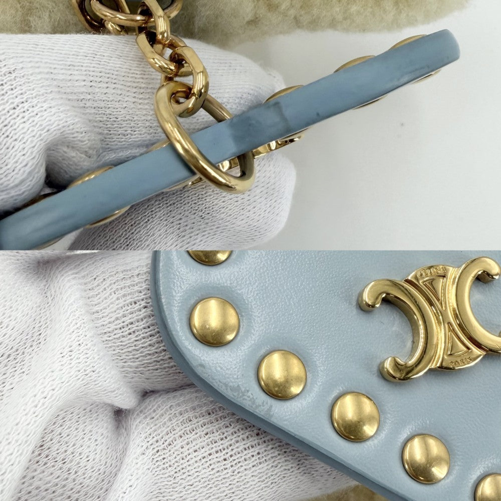 CELINE セリーヌ キーホルダー ポンポンチャーム トリオンフ ハート キーリング チャーム 羊毛 ベージュ ライトブルー ゴールド金具 レディース【中古品】