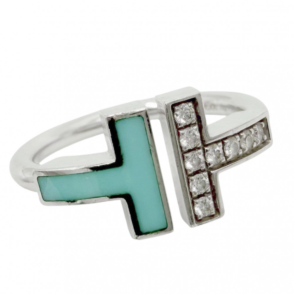 【開店SALE】 TIFFANY&Co. ティファニー 指輪 ティファニーT Tワイヤーリング ジュエリー 18金WG Au750 K18ホワイトゴールド ダイヤモンド0.07ct 約9号 64028146 ブルー 青 シルバー レディース 約4.4g【中古品】