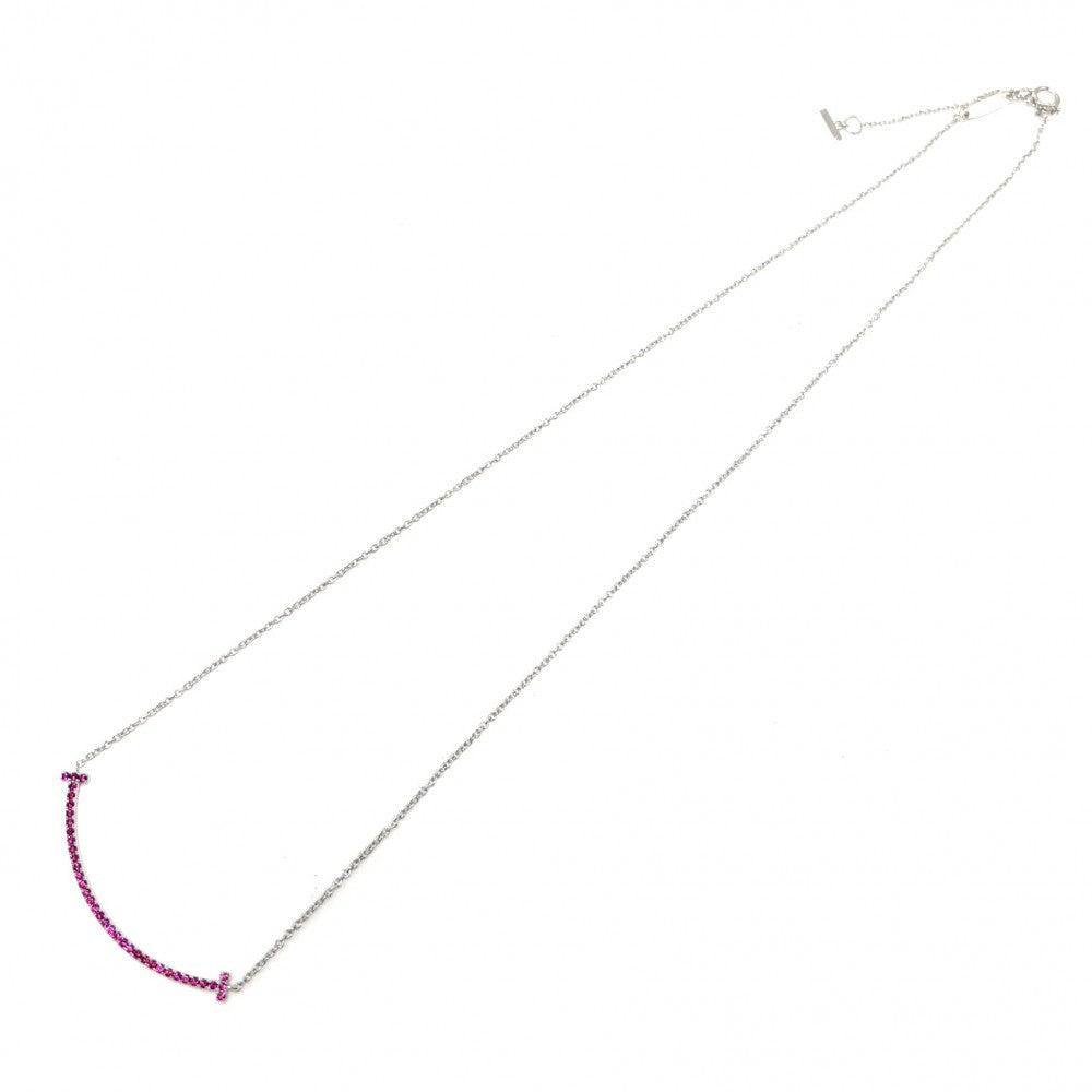 TIFFANY&Co. ティファニー ネックレス Tスマイル スモール ペンダント ジュエリー 18金WG 750 アクセサリー K18ホワイトゴールド ピンクサファイア シルバー ピンク レディース 約1.5g【中古品】