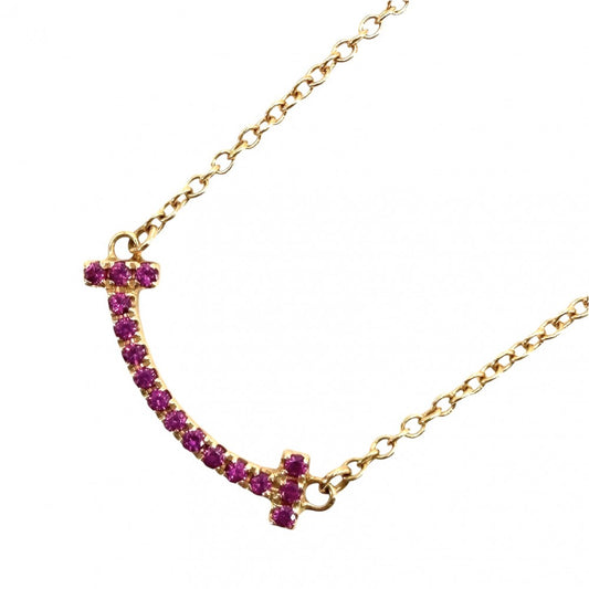 TIFFANY&Co. ティファニー ネックレス Tスマイル ミニペンダント ジュエリー 18金PG Au750 アクセサリー K18ピンクゴールド ピンクサファイア ピンク レディース 約2.2g【中古品】