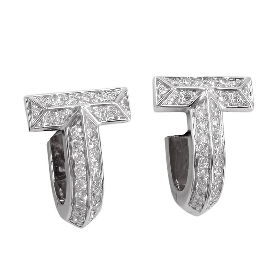 TIFFANY&Co. ティファニー ピアス ティファニーT Tワン ハーフ パヴェ ダイヤモンド ハギー ピアス アクセサリー ジュエリー 18金WG Au750 K18ホワイトゴールド ダイヤモンド合計 0.28ct 73586135 レディース 約7.8g【中古品】