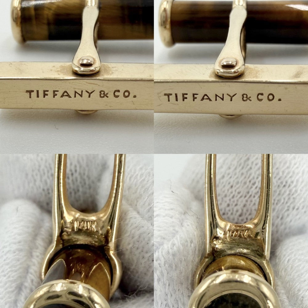 TIFFANY&Co. ティファニー カフス アクセサリー ジュエリー ヴィンテージ 14金YG Au750 K14イエローゴールド タイガーアイ ブラウン 茶 ゴールド メンズ 約10.9g【中古品】