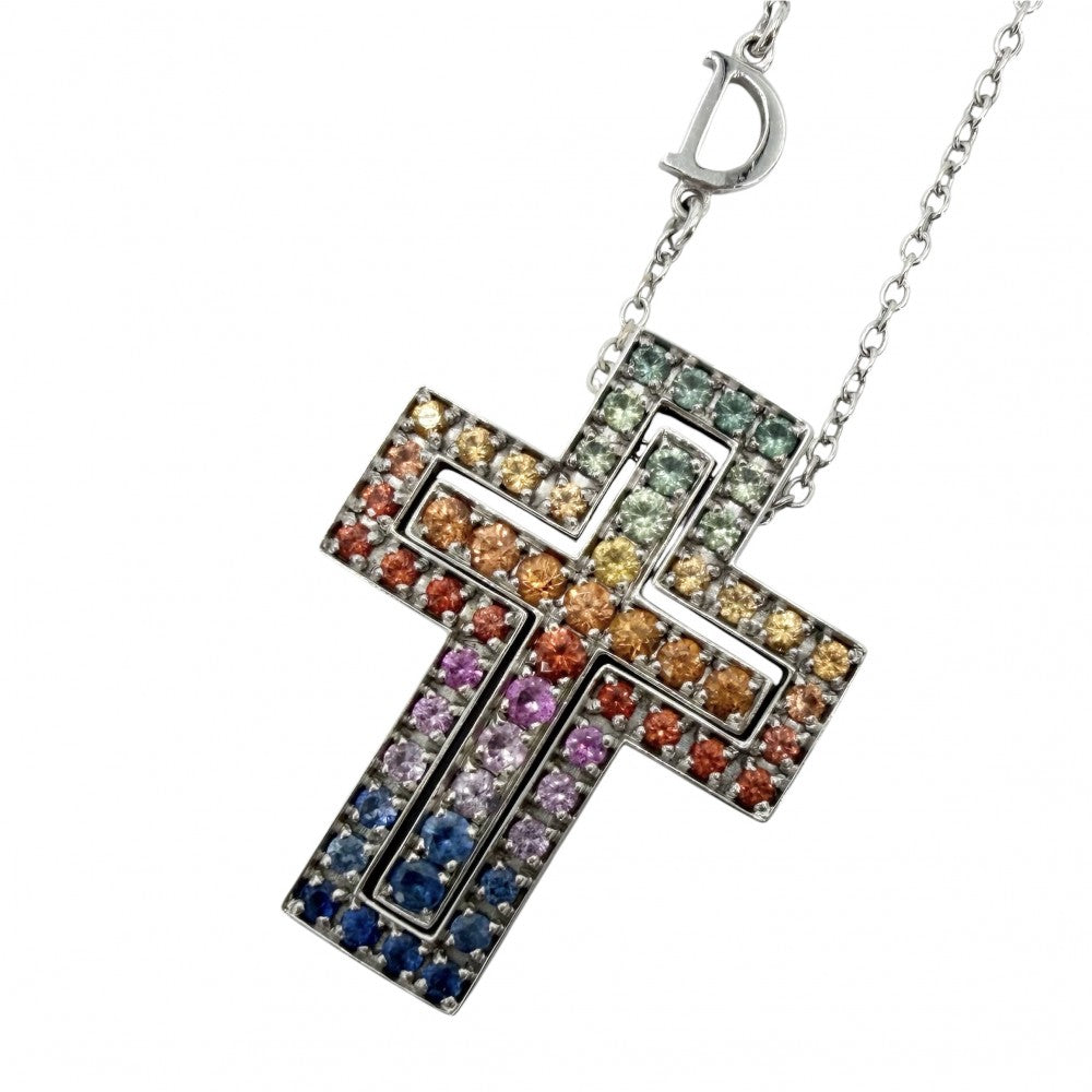 Damiani ダミアーニ ネックレス ベルエポック　Sサイズ クロスモチーフ ペンダント アクセサリー ジュエリー K18ホワイトゴールド レインボーサファイア マルチカラー レディース 約12.2g【中古品】