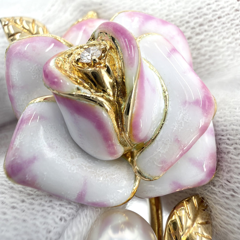 MIKIMOTO ミキモト ブローチ プリンセスグレースコレクション 薔薇 ローズ ジュエリー アクセサリー 真珠 K18イエローゴールド パール(約0.7cm) ゴールド レディース 約21.1g【中古品】