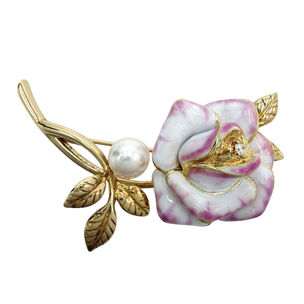MIKIMOTO ミキモト ブローチ プリンセスグレースコレクション 薔薇 ローズ ジュエリー アクセサリー 真珠 K18イエローゴールド パール(約0.7cm) ゴールド レディース 約21.1g【中古品】