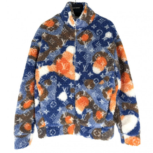 【開店SALE】 LOUIS VUITTON ルイヴィトン アウター モノグラム ジャガードカモフリースジャケット ボアジャケット ブルソン 服 S ブルー 青 オレンジ ゴールド金具 秋 冬 ポリエステル ウール メンズ【中古品】
