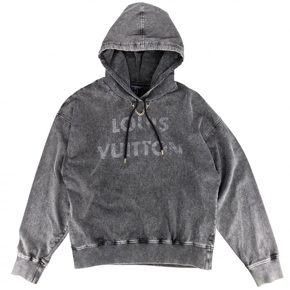 LOUIS VUITTON ルイヴィトン パーカー ロゴ フーディ トップス アパレル 服 ヴィンテージエフェクト XS グレー ゴールド金具 秋 冬 コットン レディース【中古品】