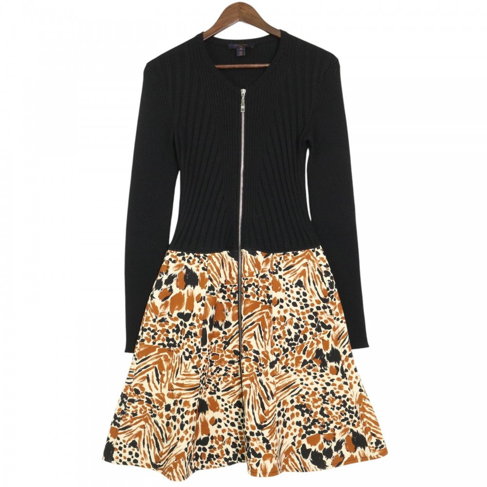 【開店SALE】 LOUIS VUITTON ルイヴィトン ワンピース アニマル柄 フロントジップニットワンピース 長袖 アパレル 服 38 FHDR250YL ブラック 黒 ブラウン 茶 シルバー金具 春 秋 ウール シルク レディース【中古品】