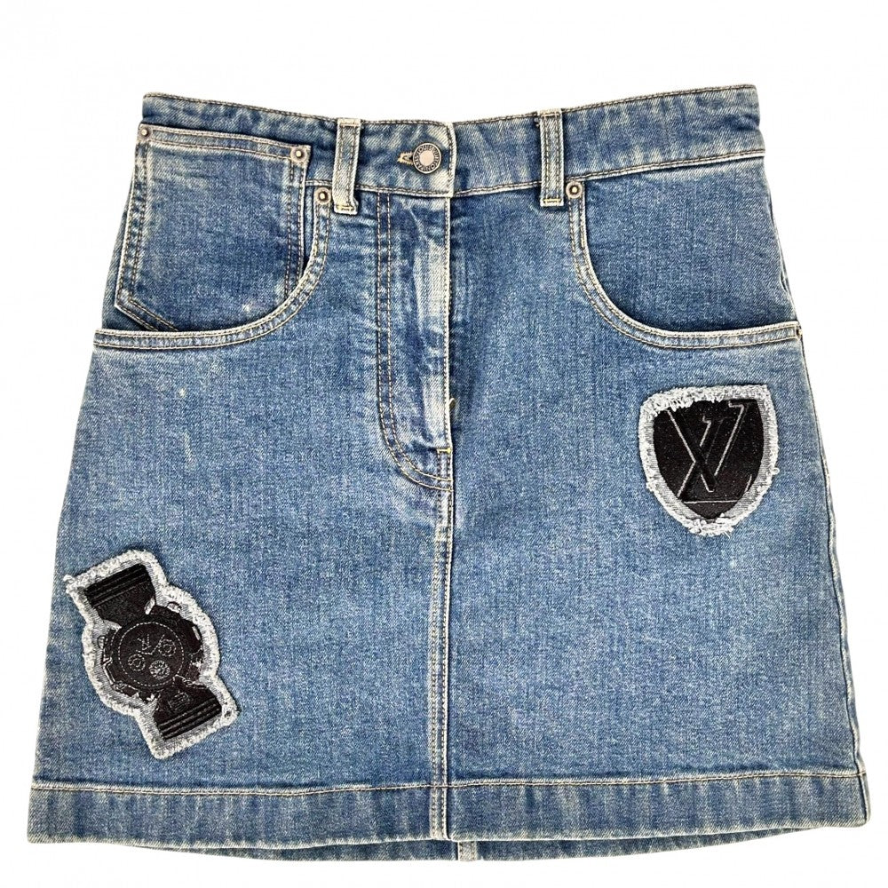 LOUIS VUITTON ルイヴィトン スカート モノグラム エンブロイダリーワッペンミニスカート ボトムス デニム アパレル 服 34 ブルー 青 ゴールド金具 コットン ポリウレタン レディース【中古品】