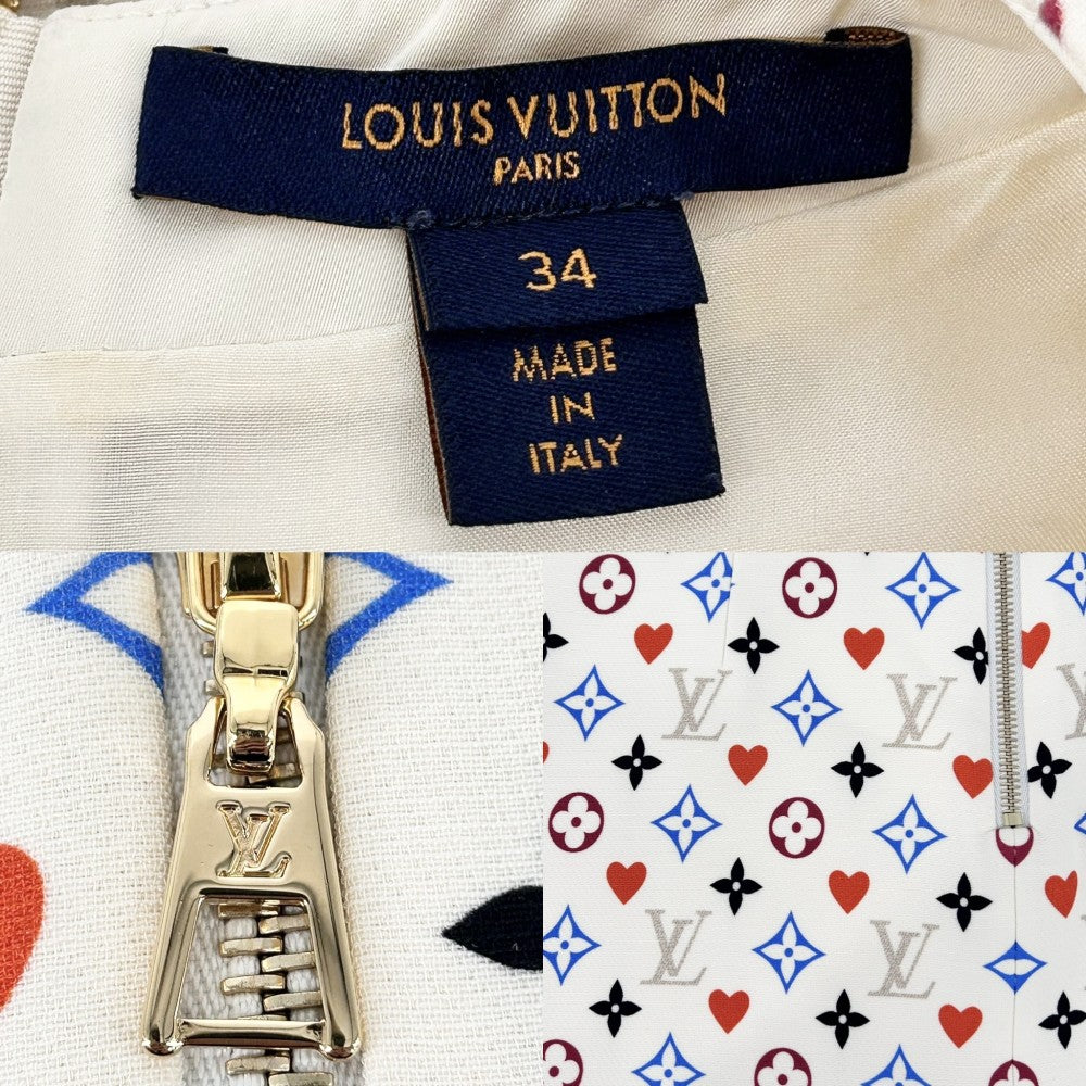 【開店SALE】 LOUIS VUITTON ルイヴィトン ワンピース ゲームオン モノグラム ハート 総柄 半袖 衣類 アパレル RW211A ZXS FKDR50 34 オフホワイト マルチカラー ゴールド金具 春 夏 ウール シルク レディース【中古品】