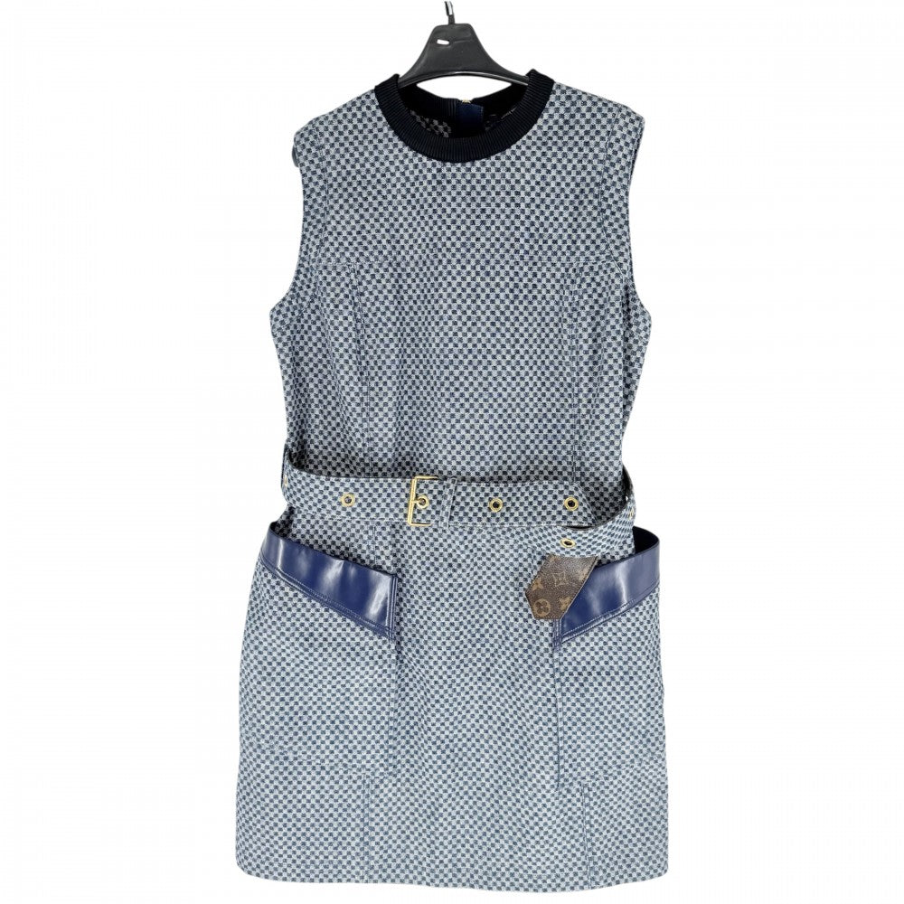 【開店SALE】 LOUIS VUITTON ルイヴィトン ワンピース ノースリーブ ジップアップ オールインワン デニム ダミエ モノグラム 服 アパレル 44 ブルー 青 ブラック 黒 ゴールド金具 春 夏 コットン レザー モノグラム レディース【中古品】