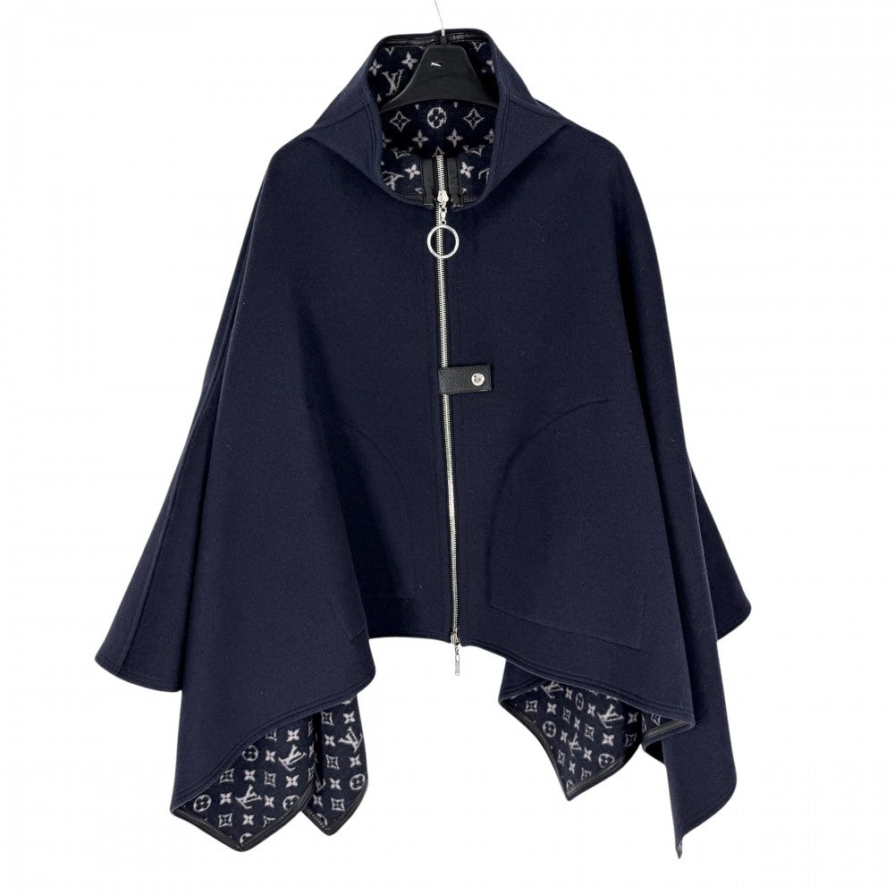 【秋物特集】 LOUIS VUITTON ルイヴィトン ポンチョ リバーシブル モノグラム アウター アパレル 服 34 ネイビー 紺 ブラック 黒 シルバー金具 秋 冬 ウール シルク レディース【中古品】