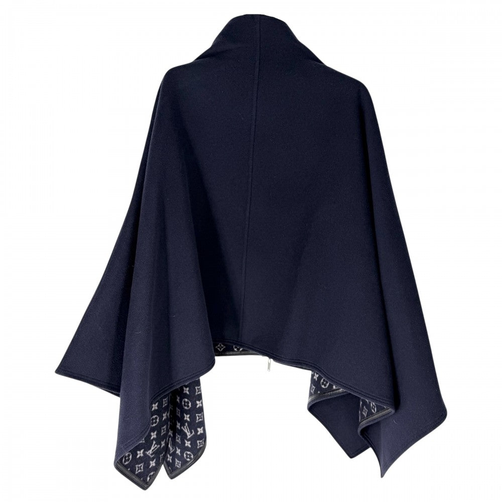 【秋物特集】 LOUIS VUITTON ルイヴィトン ポンチョ リバーシブル モノグラム アウター アパレル 服 34 ネイビー 紺 ブラック 黒 シルバー金具 秋 冬 ウール シルク レディース【中古品】