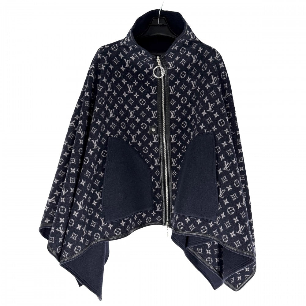 【秋物特集】 LOUIS VUITTON ルイヴィトン ポンチョ リバーシブル モノグラム アウター アパレル 服 34 ネイビー 紺 ブラック 黒 シルバー金具 秋 冬 ウール シルク レディース【中古品】