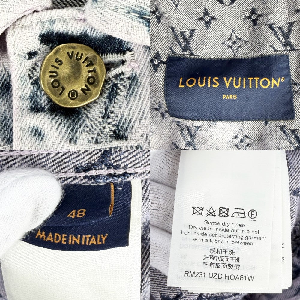 LOUIS VUITTON ルイヴィトン デニムジャケット ボーイフッド フリンジ アウター ダメージ加工 モノグラム 服 48 ピンク ブルー 青 アンティークゴールド金具 春 秋 コットン メンズ【中古品】
