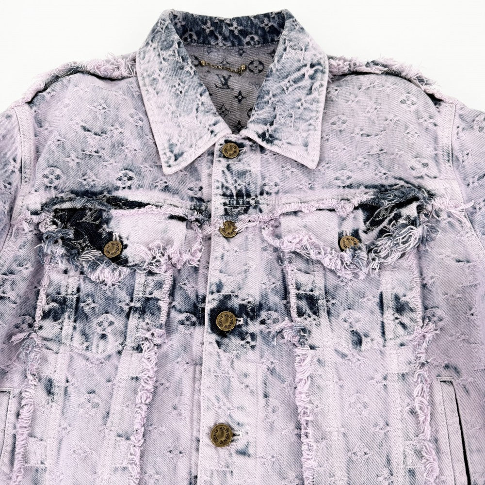 LOUIS VUITTON ルイヴィトン デニムジャケット ボーイフッド フリンジ アウター ダメージ加工 モノグラム 服 48 ピンク ブルー 青 アンティークゴールド金具 春 秋 コットン メンズ【中古品】