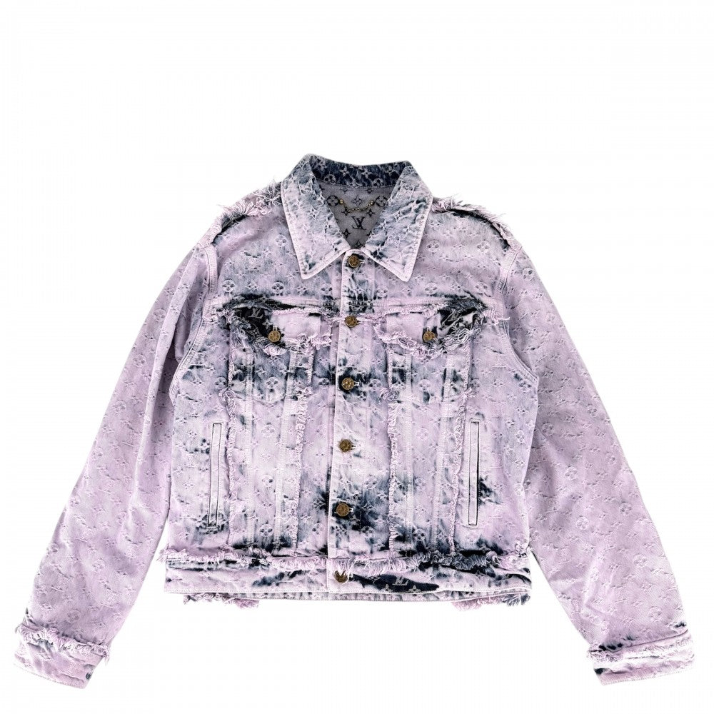 LOUIS VUITTON ルイヴィトン デニムジャケット ボーイフッド フリンジ アウター ダメージ加工 モノグラム 服 48 ピンク ブルー 青 アンティークゴールド金具 春 秋 コットン メンズ【中古品】