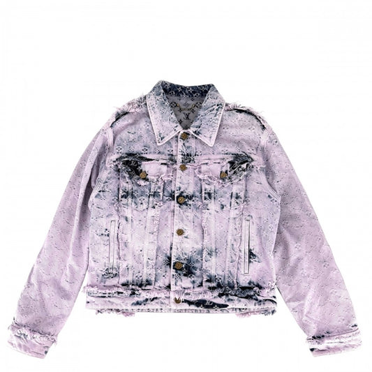 LOUIS VUITTON ルイヴィトン デニムジャケット ボーイフッド フリンジ アウター ダメージ加工 モノグラム 服 48 ピンク ブルー 青 アンティークゴールド金具 春 秋 コットン メンズ【中古品】