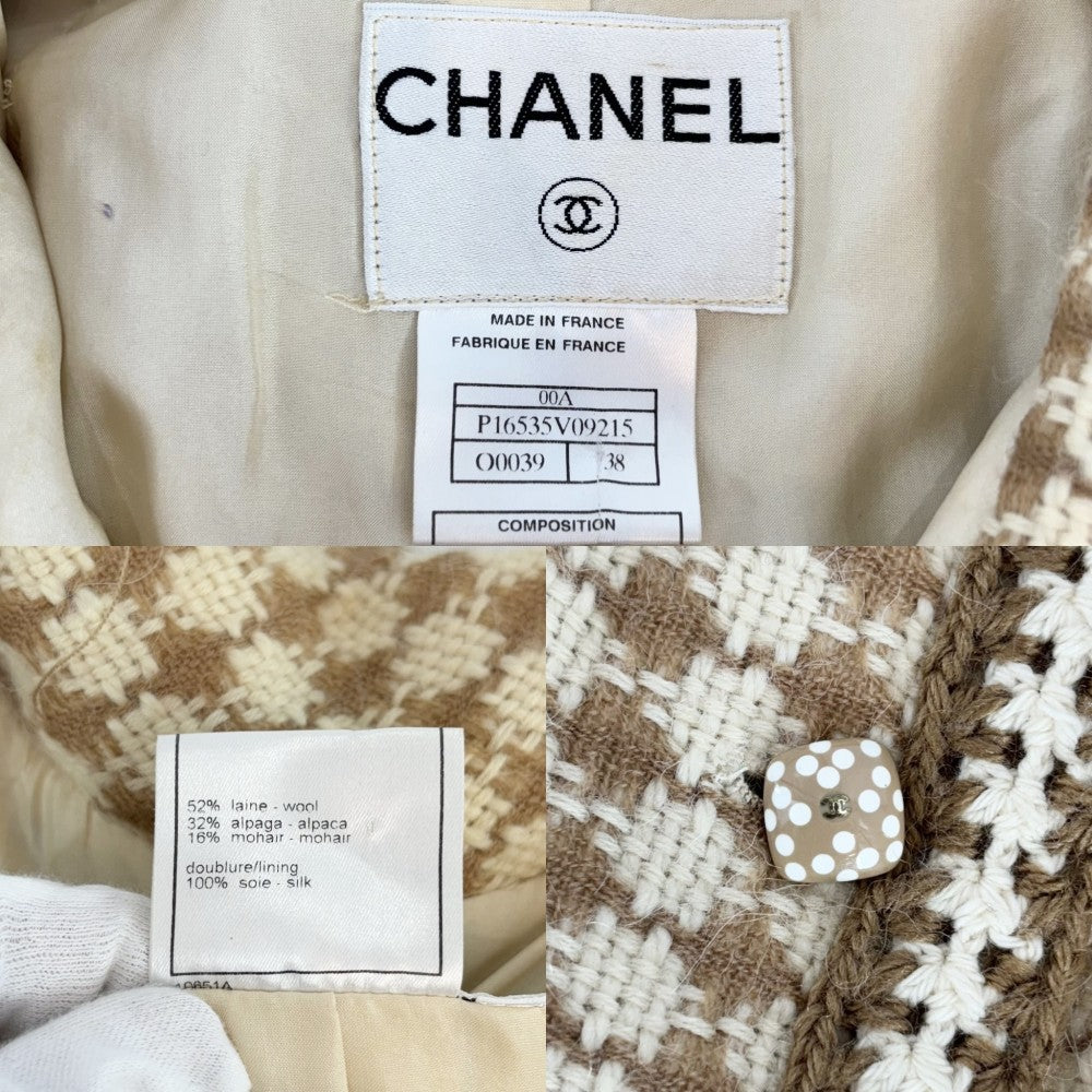CHANEL シャネル アウター 千鳥格子 ステンカラージャケット コート ヴィンテージ アパレル 服 38 ホワイト 白 ブラウン 茶 秋 冬 ウール アルパカ モヘア レディース 2000年【中古品】