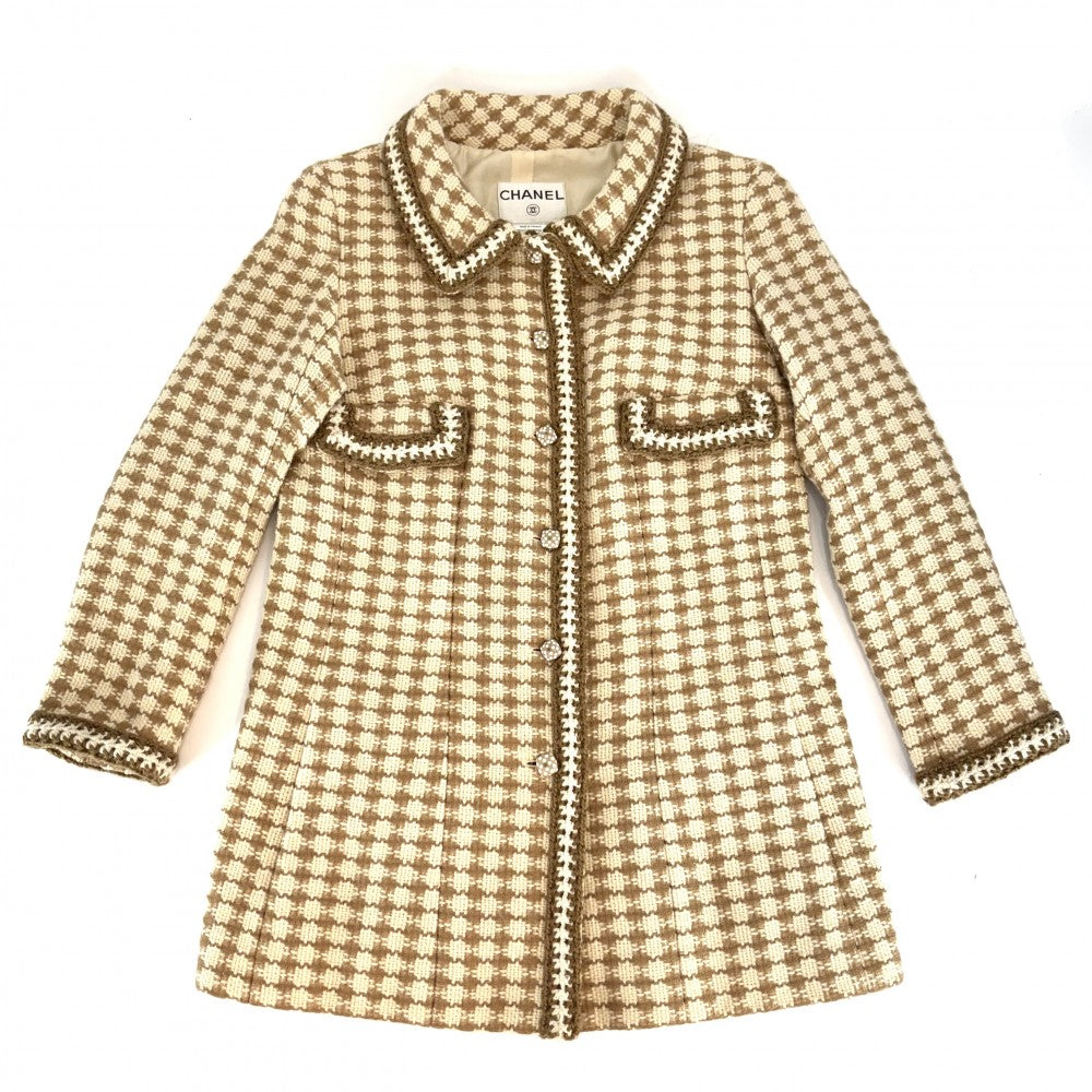 CHANEL シャネル アウター 千鳥格子 ステンカラージャケット コート ヴィンテージ アパレル 服 38 ホワイト 白 ブラウン 茶 秋 冬 ウール アルパカ モヘア レディース 2000年【中古品】
