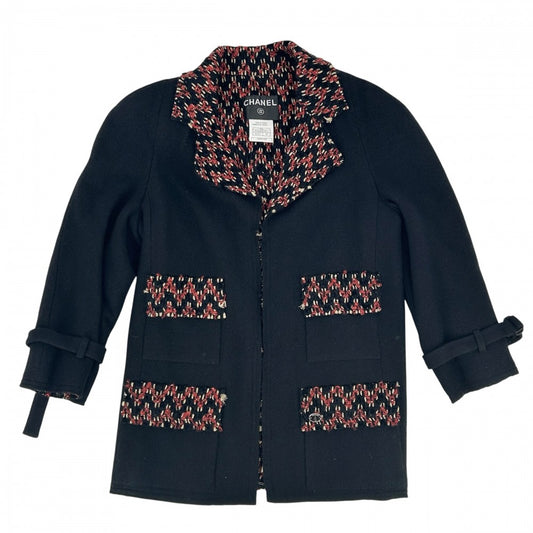 【開店SALE】 CHANEL シャネル アウター ボタンレス ジャケット アパレル 服 40 ブラック 黒 レッド 赤 春 秋 ウール カシミヤ レディース 2007年【中古品】
