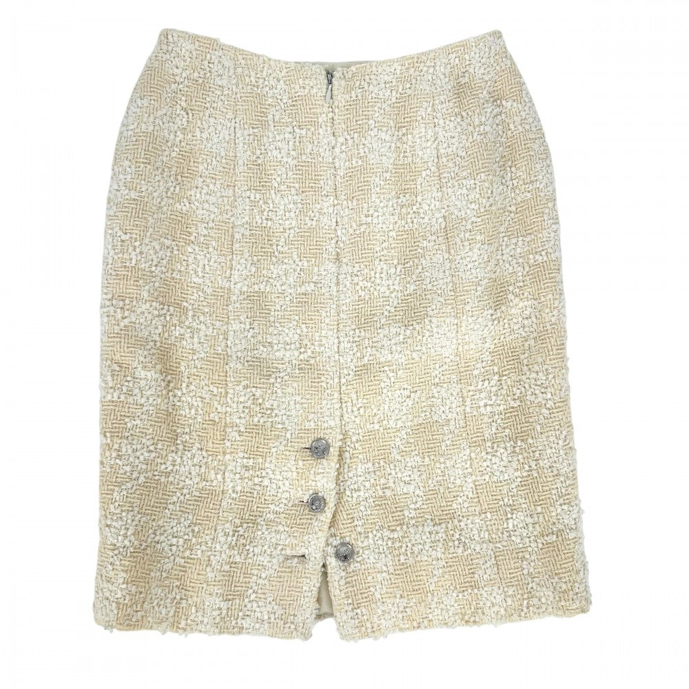 【開店SALE】 CHANEL シャネル スカート ツイード ココボタン ボトムス ヴィンテージ ココマーク アパレル 服 38 イエロー シルバー金具 オールシーズン ウール ナイロン レディース【中古品】