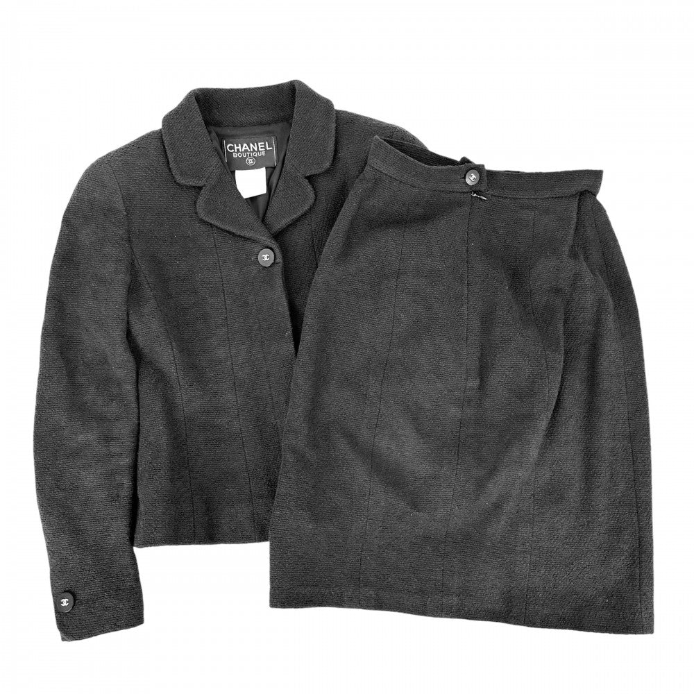 【開店SALE】 CHANEL シャネル セットアップ ジャケット スカート ココマーク ココボタン アパレル 服 36 ブラック 黒 シルバー金具 春 秋 コットン レディース【中古品】