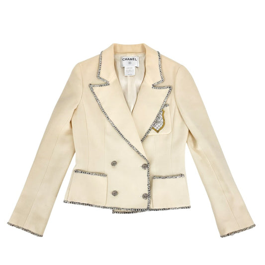 【秋物特集】 CHANEL シャネル アウター ジャケット ココマーク エンブレム ココ アパレル 服 38 クリーム 春 秋 ウール レディース【中古品】