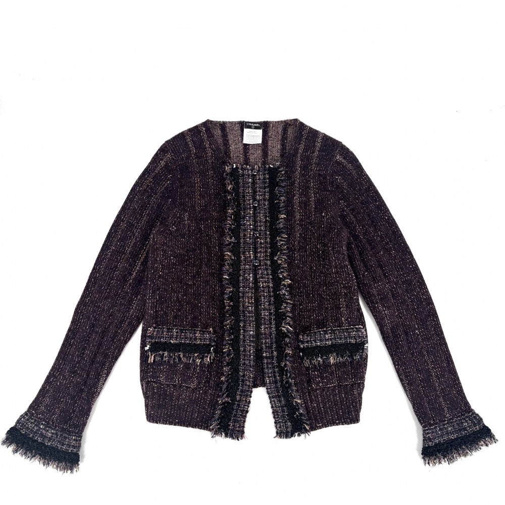 【開店SALE】 CHANEL シャネル ノーカラージャケット ツイード ニットジャケット アウター ヴィンテージ アパレル 服 ラインストーン ココボタン ラメ 42 パープル系 秋 冬 カシミヤ ナイロン ウール ポリエステル レディース 2005年【中古品】