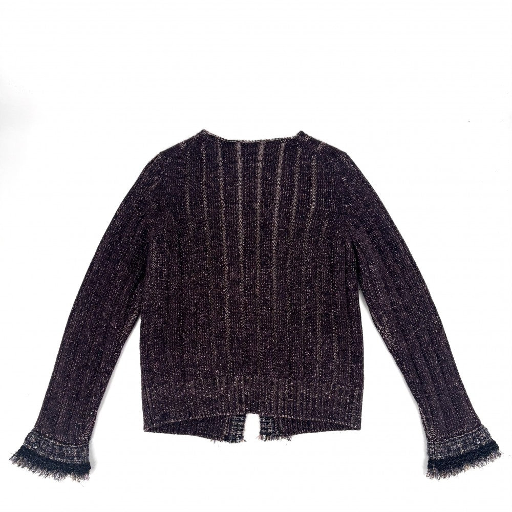 CHANEL シャネル ノーカラージャケット ツイード ニットジャケット アウター ヴィンテージ アパレル 服 ラインストーン ココボタン ラメ 42 パープル系 秋 冬 カシミヤ ナイロン ウール ポリエステル レディース 2005年【中古品】
